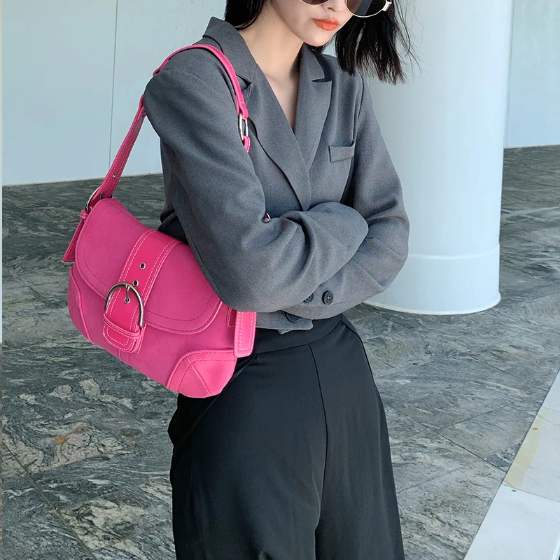 

2020 New Style Bag Hand Carrying and Shoulder Carrying Aslant Baguette Bag Imitated Chamois Shoulder Retro Elegant Simple Bag
