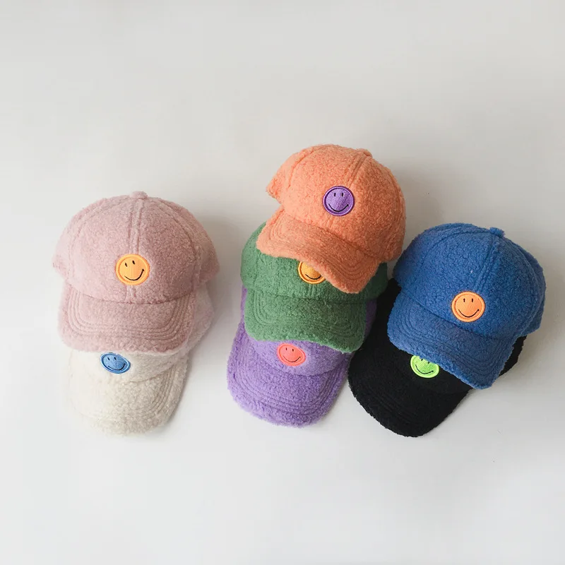 

Lovely Smile Pattern Baby Baseball Hats Artificial Lambwool Kids Boys Girls Caps Autumn Winter Soft Thicken Warm Children Hat 7