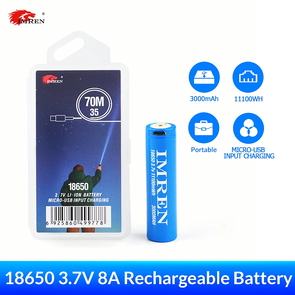 IMREN 3.7V 18650 Rechargeable Lithium Iion Battery 3000mAh with USB Port Protection Circuit Charging Cable Great for Flashlight
IMREN 3.7V 18650 Rechargeable Lithium Iion Battery 3000mAh with USB Port Protection Circuit Charging Cable Great for Flashlight