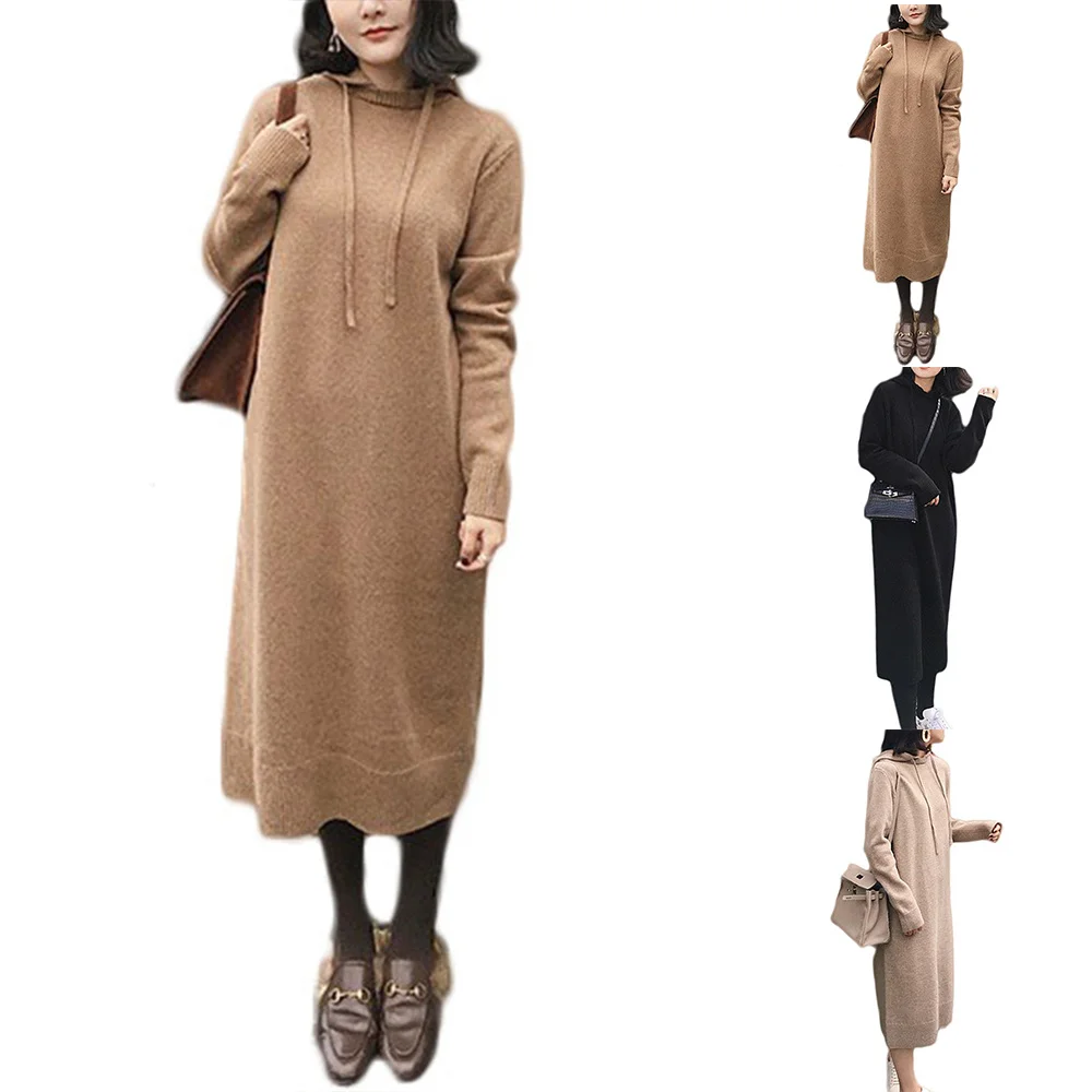 Women Winter Sweater Dresss Long Sleeve Baggy Hooded Long Tops Solid Color Knitted Dresses
Women Winter Sweater Dresss Long Sleeve Baggy Hooded Long Tops Solid Color Knitted Dresses