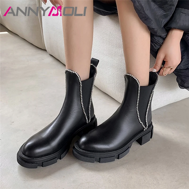 ANNYMOLI Women Real Leather Chelsea Boots Platform Chunky High Heel Shoes Ankle Boots Crystal Ladies Boots Autumn Cow Leather
ANNYMOLI Women Real Leather Chelsea Boots Platform Chunky High Heel Shoes Ankle Boots Crystal Ladies Boots Autumn Cow Leather