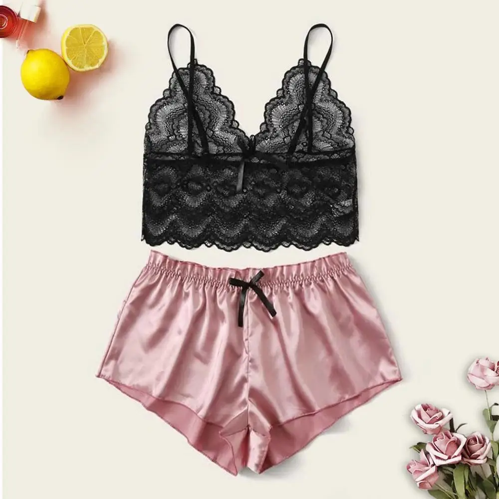 Women Sleepwear Set Nightwear Set Lace Wireless Bra Sexy Lingerie Satin Shorts Underwear Plus Size Pajamas Nuisette #2J16
Women Sleepwear Set Nightwear Set Lace Wireless Bra Sexy Lingerie Satin Shorts Underwear Plus Size Pajamas Nuisette #2J16