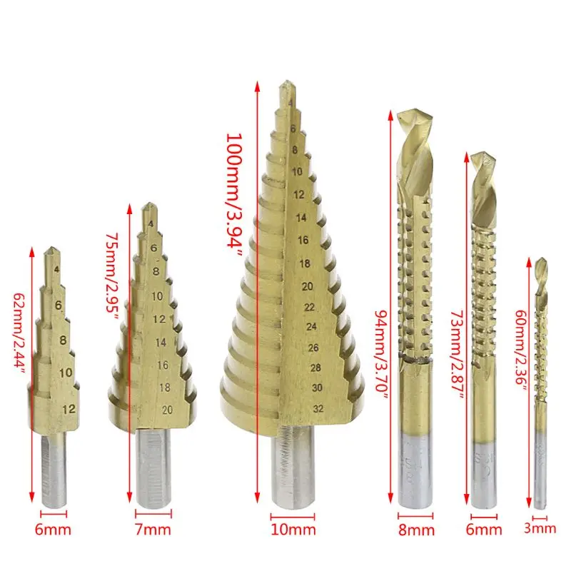 6 Pcs/Set HSS Steel Titanium Coated Step Drill Bit Hole Cutter 4-32mm Metal Tool DropShipping
6 Pcs/Set HSS Steel Titanium Coated Step Drill Bit Hole Cutter 4-32mm Metal Tool DropShipping