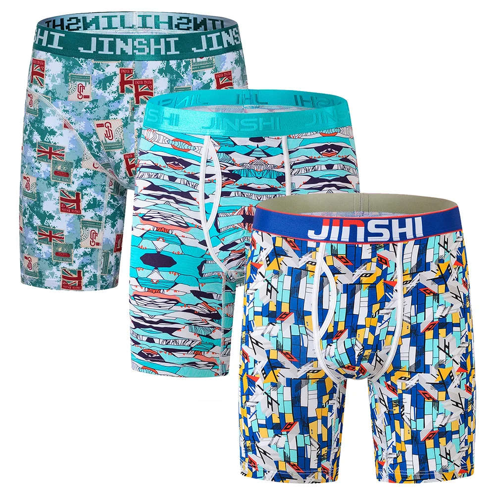 

JINSHI Men's Panties Long Leg Bamboo Print Open Fly Boxers No Ride Up With Flex Waistband 3 pcs Summer Suitable