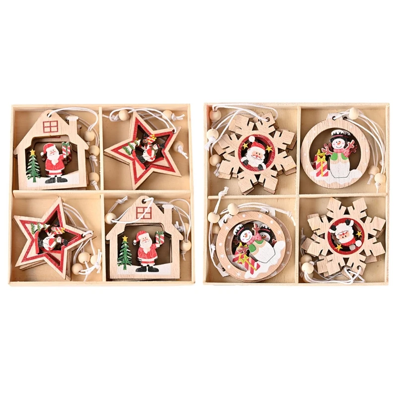 

Набор украшений для новогодней елки M17D, комплект из 12 деревянных Подвесок в виде Санта-Клауса, снеговика, звезды, снежинки, для домашней вече...