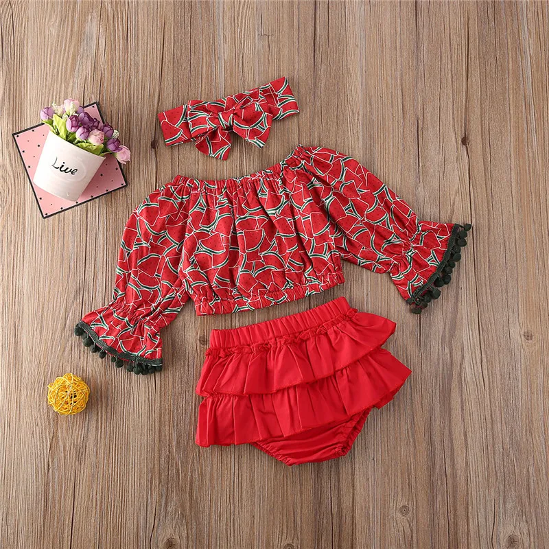Free shipping Newborn Baby Girls Clothes off shoulder Watermelon print pullover Tops Ruffle solid Shorts bow Headband 3pc Outfit
Free shipping Newborn Baby Girls Clothes off shoulder Watermelon print pullover Tops Ruffle solid Shorts bow Headband 3pc Outfit