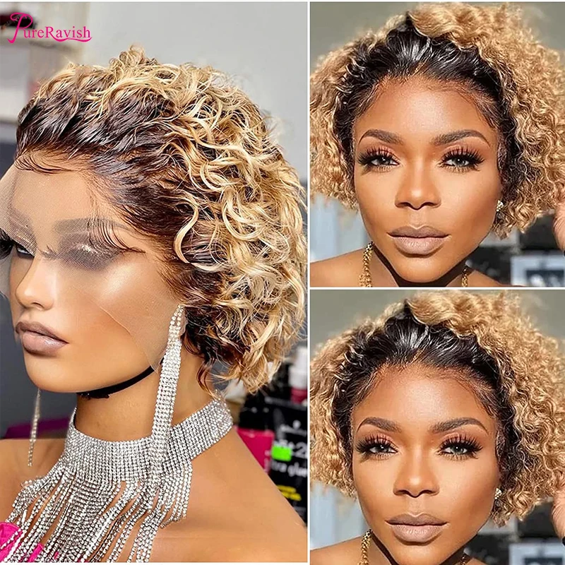 

Ombre Blonde Short Bob Pixie Cut Wig Dark Roots Bark Brown Deep Wavy 13x1 T Part Wigs Pre Plucked Hairline with for Black Women