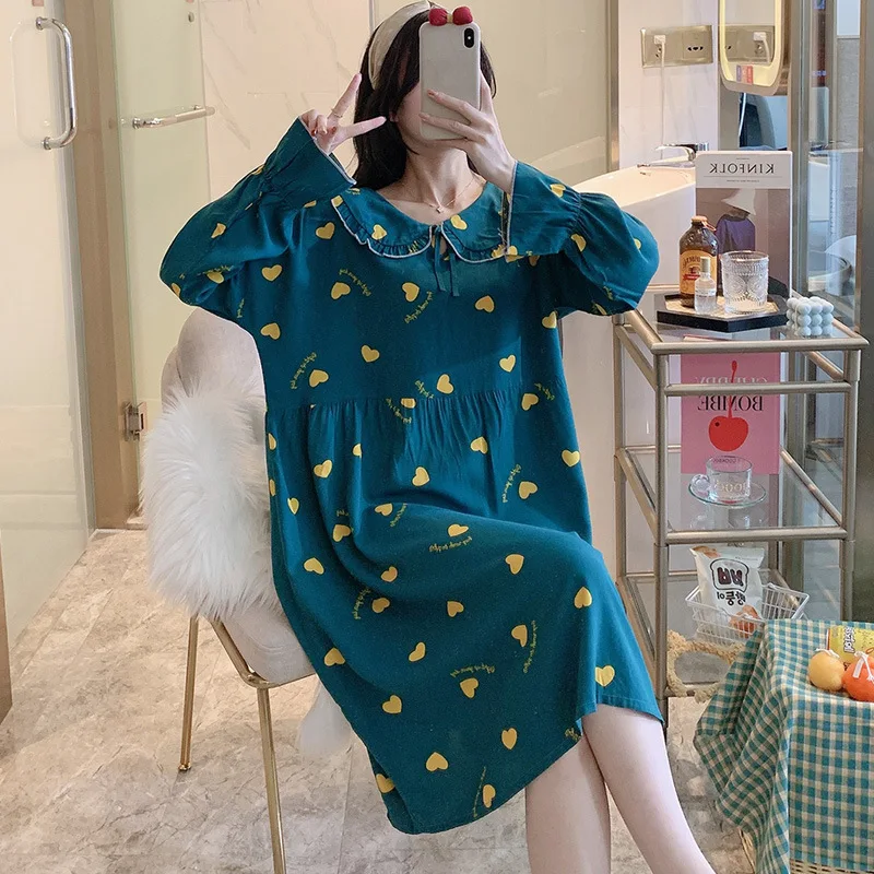 Sleeping Dresses 100% Viscose Cotton Printing Nightgowns Doll collar Long Sleeved Sleepshirts Loose Size Nightwear Home Clothing
Sleeping Dresses 100% Viscose Cotton Printing Nightgowns Doll collar Long Sleeved Sleepshirts Loose Size Nightwear Home Clothing