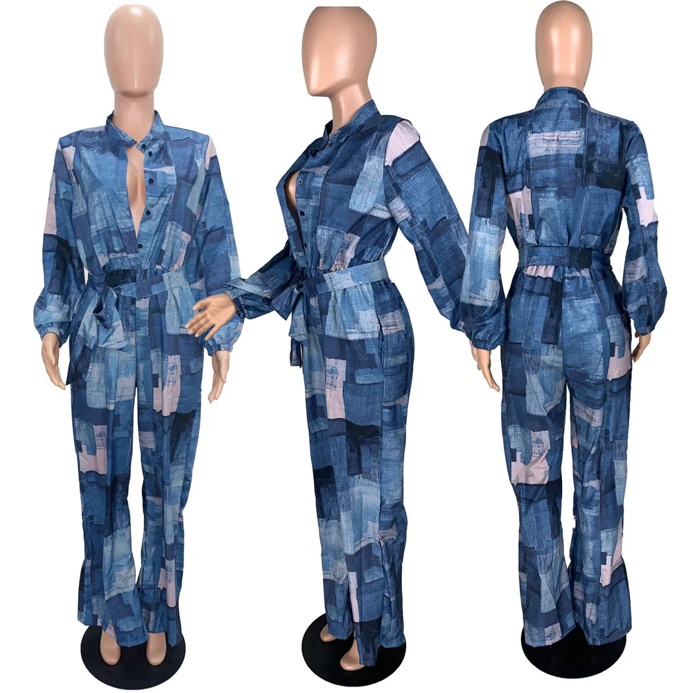 Denim Printed Womens Jumpsuit Loose Wide Leg High Waist Blue Ladies Jumpsuit Casual Femme Clothes
Denim Printed Womens Jumpsuit Loose Wide Leg High Waist Blue Ladies Jumpsuit Casual Femme Clothes