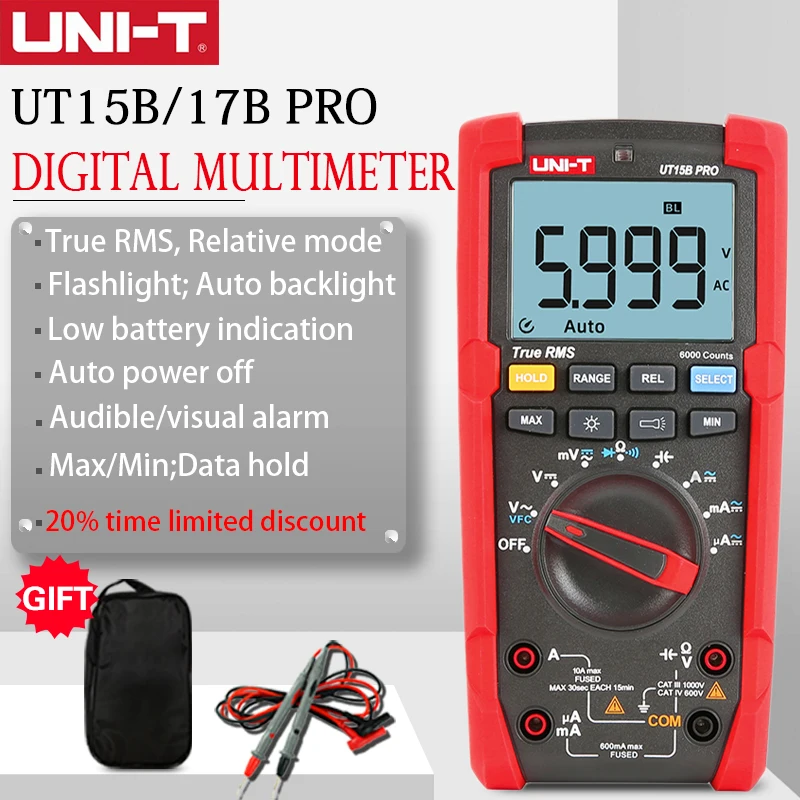 UNI-T UT15B UT17B Pro True RMS Digital Multimeter Auto Range Tester 60Mohm Anti-burn VFC Hz Capacitor Resistor Multi Meter
UNI-T UT15B UT17B Pro True RMS Digital Multimeter Auto Range Tester 60Mohm Anti-burn VFC Hz Capacitor Resistor Multi Meter