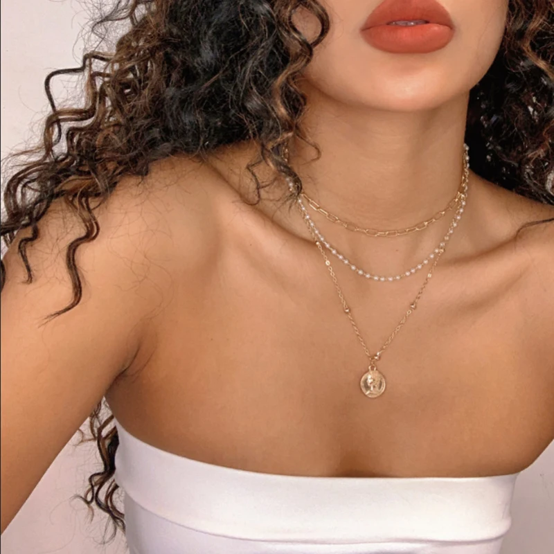 Gold Multi-layered Coins, Pearls, Human Head Pendant Necklace, Female 3-piece Set, Short Clavicle Chain Accessories, 2021 Trend
Gold Multi-layered Coins, Pearls, Human Head Pendant Necklace, Female 3-piece Set, Short Clavicle Chain Accessories, 2021 Trend