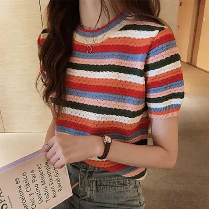 Women's new Korean version of the sweet rainbow striped Hong Kong style bottoming shirt Slim trendy all-match thin top women
Women's new Korean version of the sweet rainbow striped Hong Kong style bottoming shirt Slim trendy all-match thin top women