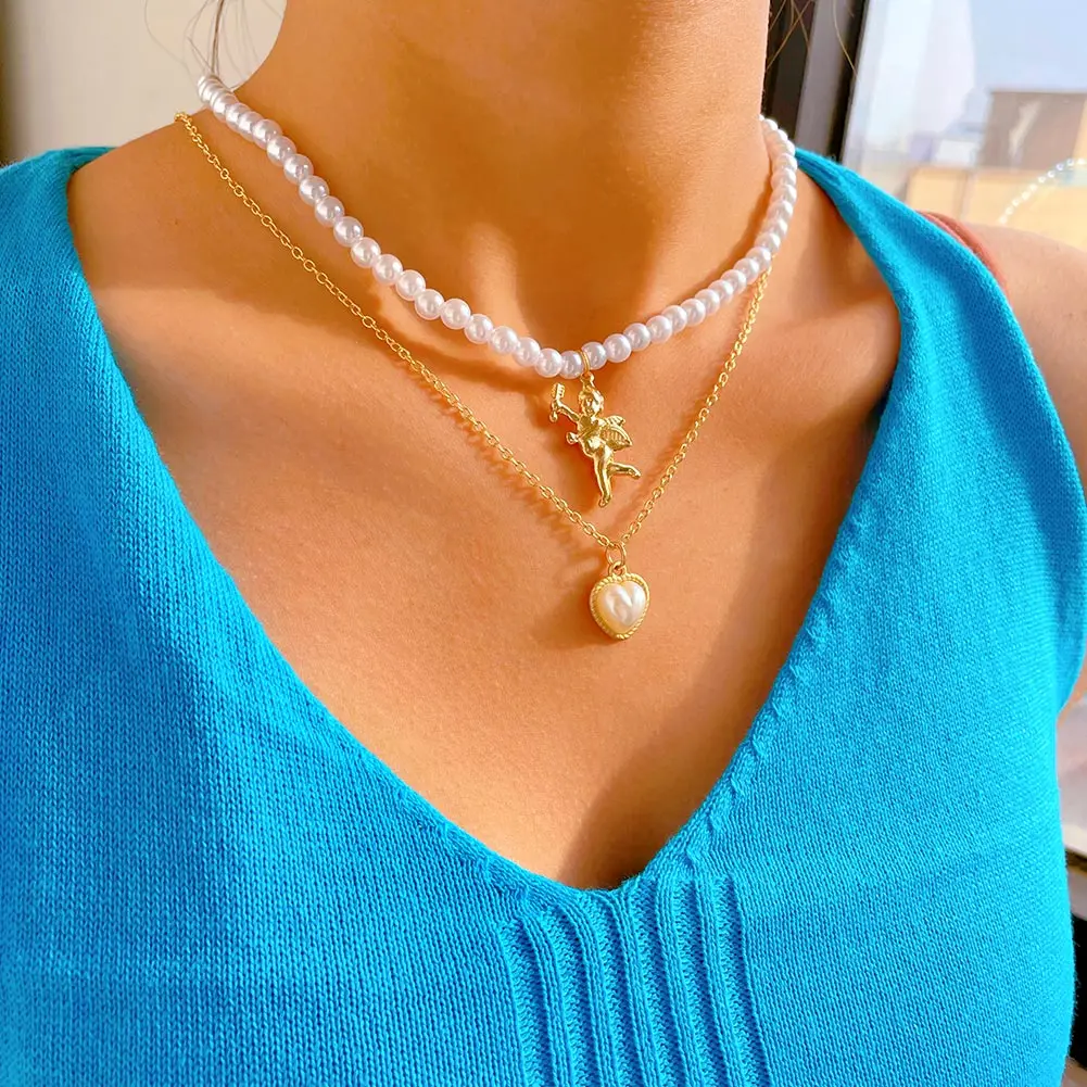 Sweet Simple Angel Heart Pendant Pearl Necklace For Women Trendy Elegant Pearl Choker Necklace Earring Set Wedding Party Jewelry
Sweet Simple Angel Heart Pendant Pearl Necklace For Women Trendy Elegant Pearl Choker Necklace Earring Set Wedding Party Jewelry