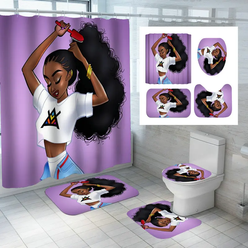 

4Pcs Shower Curtain Set 3D Africa Girls Explode Hair Women Printed Waterproof Polyester Non-Slip Rug Toilet Cover Bath Mat
