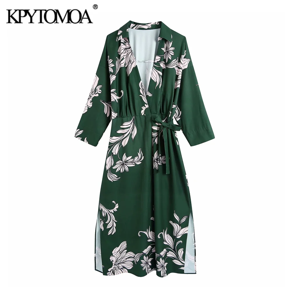 

KPYTOMOA Women 2021 Fashion With Bow Tied Floral Print Midi Dress Vintage Three Quarter Sleeve Side Vents Female Dresses Mujer