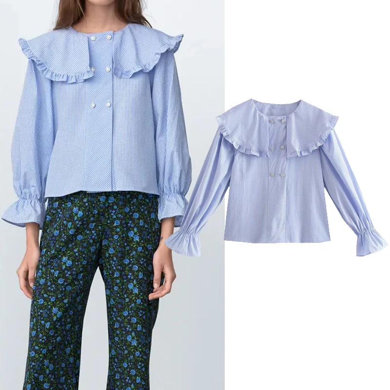 

Za 2021 Checked Jewel Button Shirt Woman Long Puff Sleeve Plaid Blue Blouse Womens Chic Ruffle Hem Casual Autumn Shirts