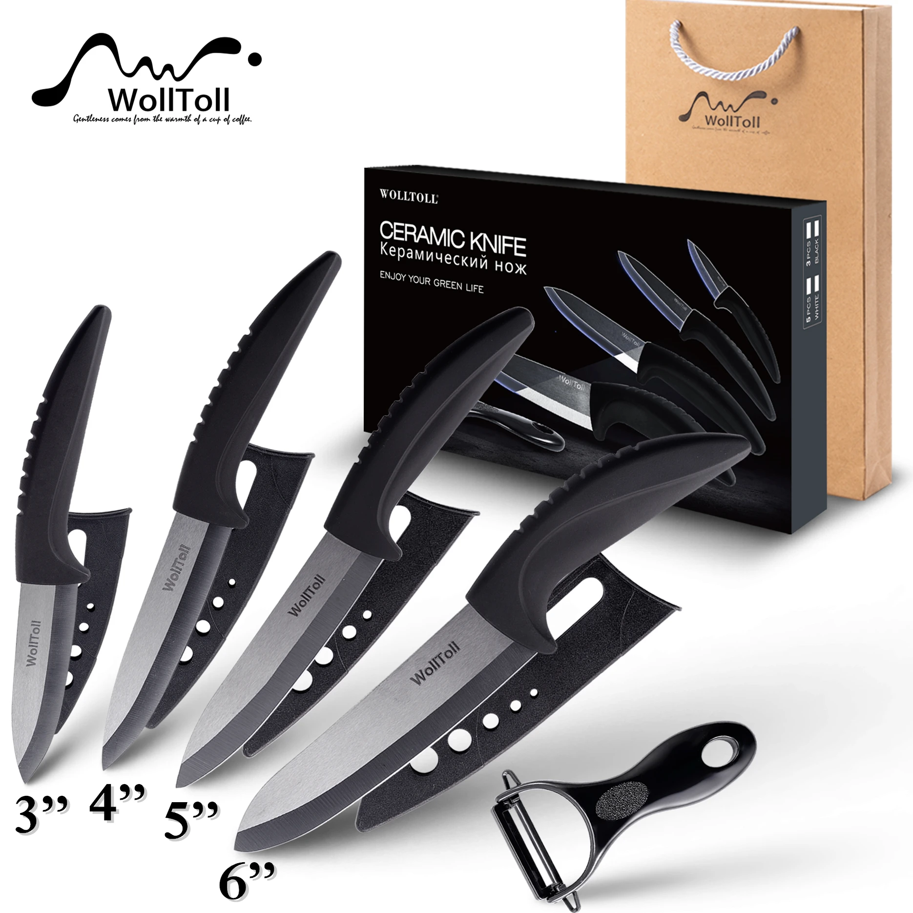 

Ceramic Knives Kitchen 6" Chef's,5" Santoku,4" Utility,3" Paring, Set+peeler Cook Set Zirconia Blade Fruit Vegetable Chef Knife