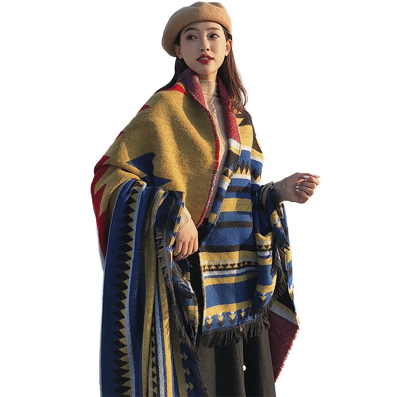 

National style shawl autumn scarf women thick warmth cloak with blanket edging tassels comfortable bedding home