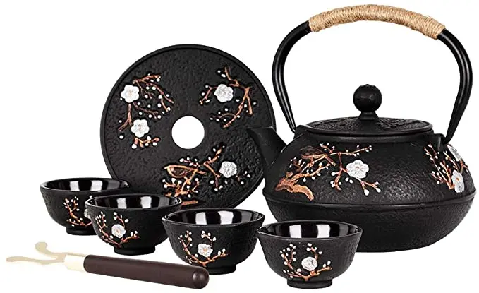 Japanese Style Black Magpie on the Plum Cast Iron Teapot with Tea Cups Trivet Tea Kettle with Infuser Iron Tea Set
Japanese Style Black Magpie on the Plum Cast Iron Teapot with Tea Cups Trivet Tea Kettle with Infuser Iron Tea Set