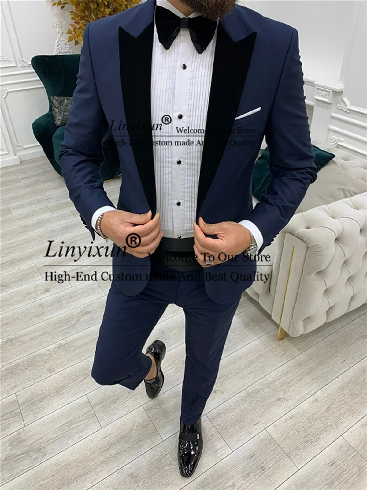 Navy Blue Men Suits 3 Piece Wedding Tuxedos Peaked Velvet Lapel Slim Fit Male Prom Blazer Ternos Masculino Jacket Pants Vest
Navy Blue Men Suits 3 Piece Wedding Tuxedos Peaked Velvet Lapel Slim Fit Male Prom Blazer Ternos Masculino Jacket Pants Vest