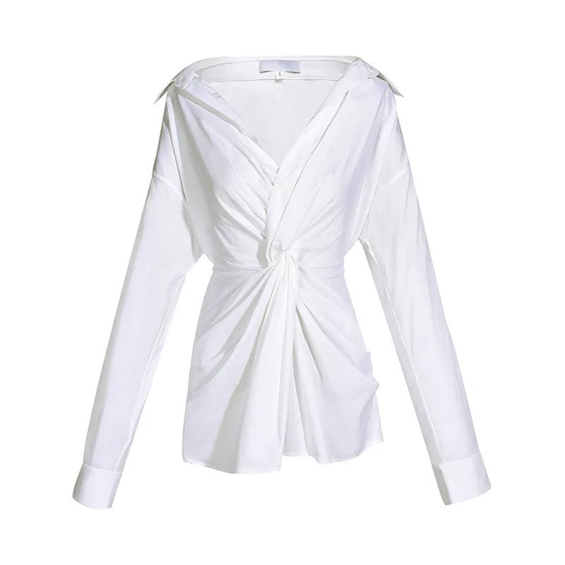 Johnature Autumn Cross Design Irregular Loose V-neck Off-Shoulder Women Blouses 2021 New Fashion OL Solid Color Shirts 
Johnature Autumn Cross Design Irregular Loose V-neck Off-Shoulder Women Blouses 2021 New Fashion OL Solid Color Shirts