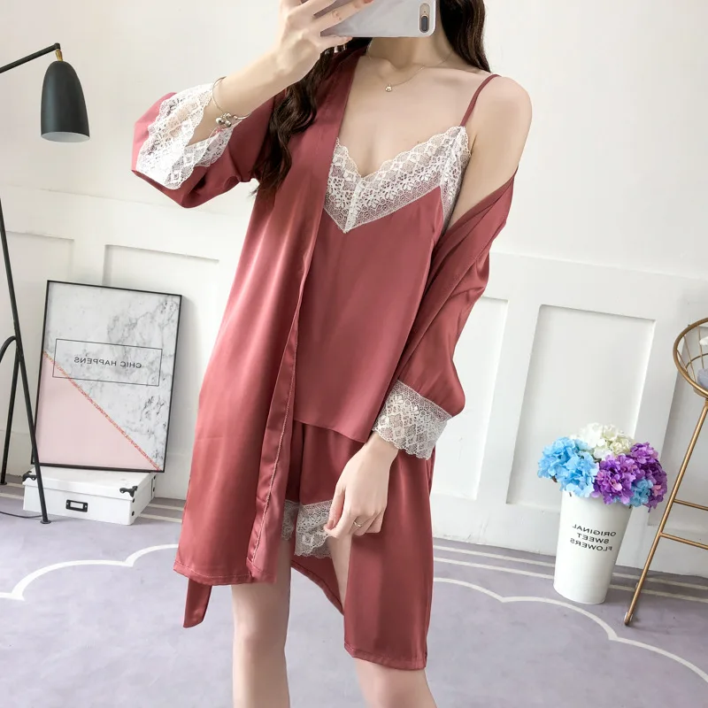 Spring and Autumn New Women's Sexy Satin Chiffon Sexy Suspender Shorts Pajamas Home Wear Pajamas Three Piece Suit Sexy Nightgown
Spring and Autumn New Women's Sexy Satin Chiffon Sexy Suspender Shorts Pajamas Home Wear Pajamas Three Piece Suit Sexy Nightgown