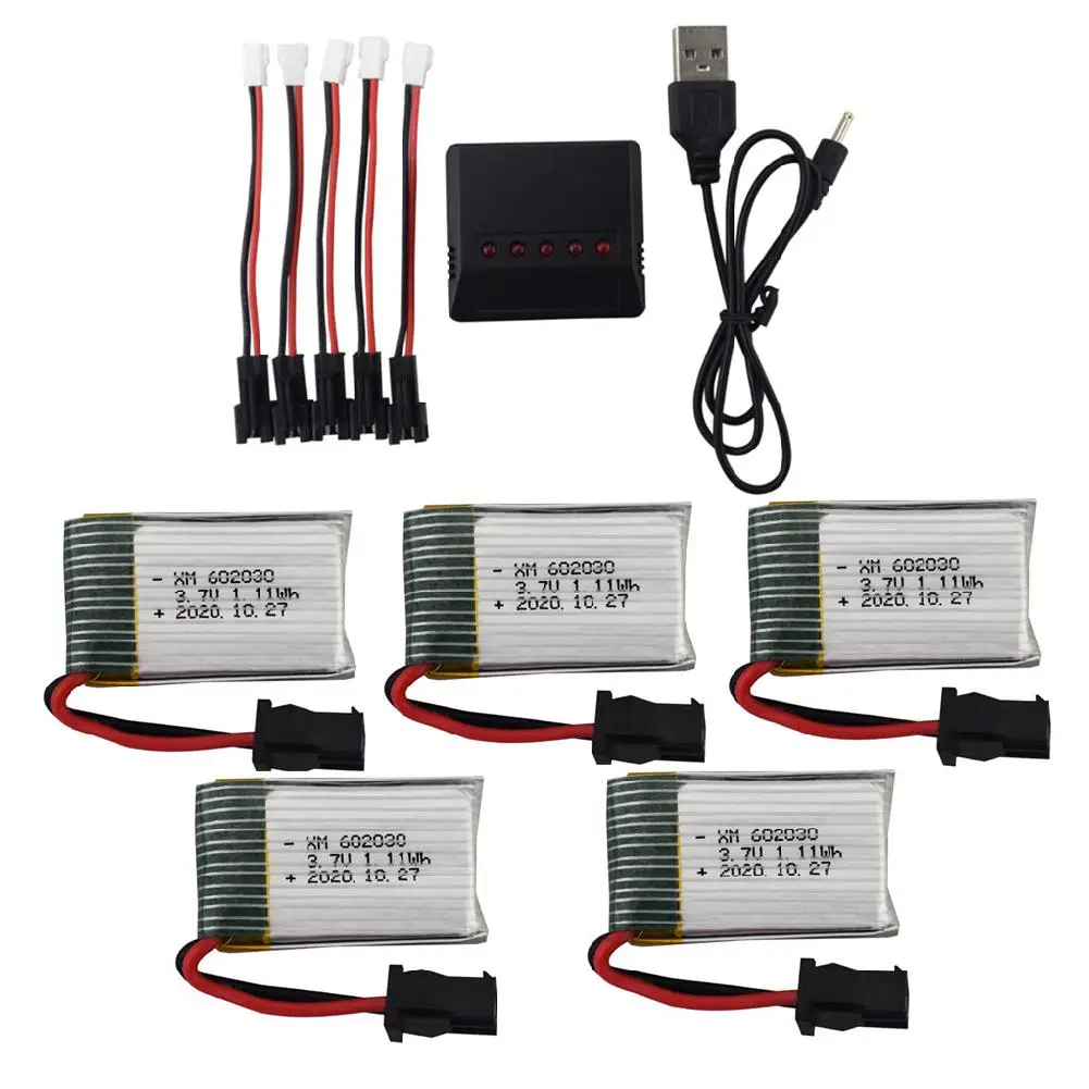

LeadingStar 5pcs 602030 3.7v 300mah Sm Lithium Battery With 5 In 1 Charger For 9610E 9604E high speed RC Car Spare Battery