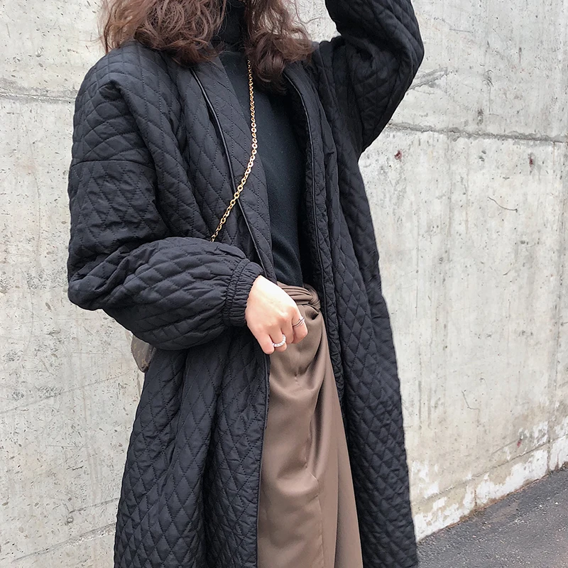 Black Lapel Back Vent Button Coat Winter Long Cotton Jaqueta Feminina Female Abrigos Mujer Invierno 2019 | Женская одежда