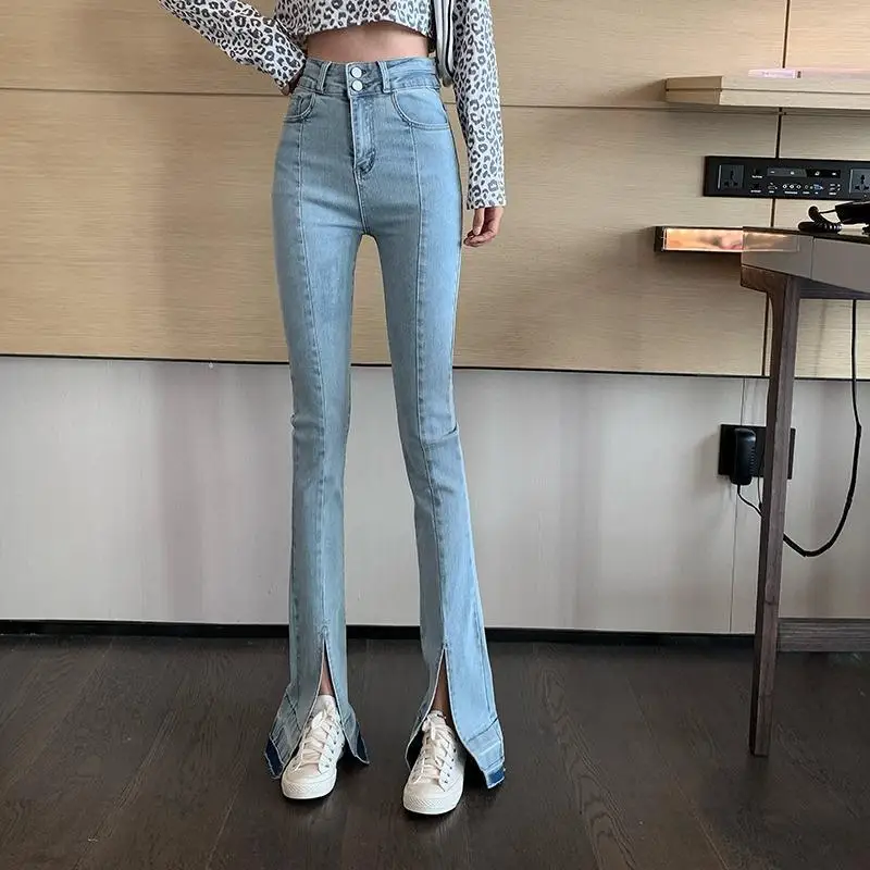 Женские эластичные брюки-клеш, повседневные брюки из денима с высокой талией и разрезом на подоле, весна-лето 2021 
Женские эластичные брюки-клеш, повседневные брюки из денима с высокой талией и разрезом на подоле, весна-лето 2021