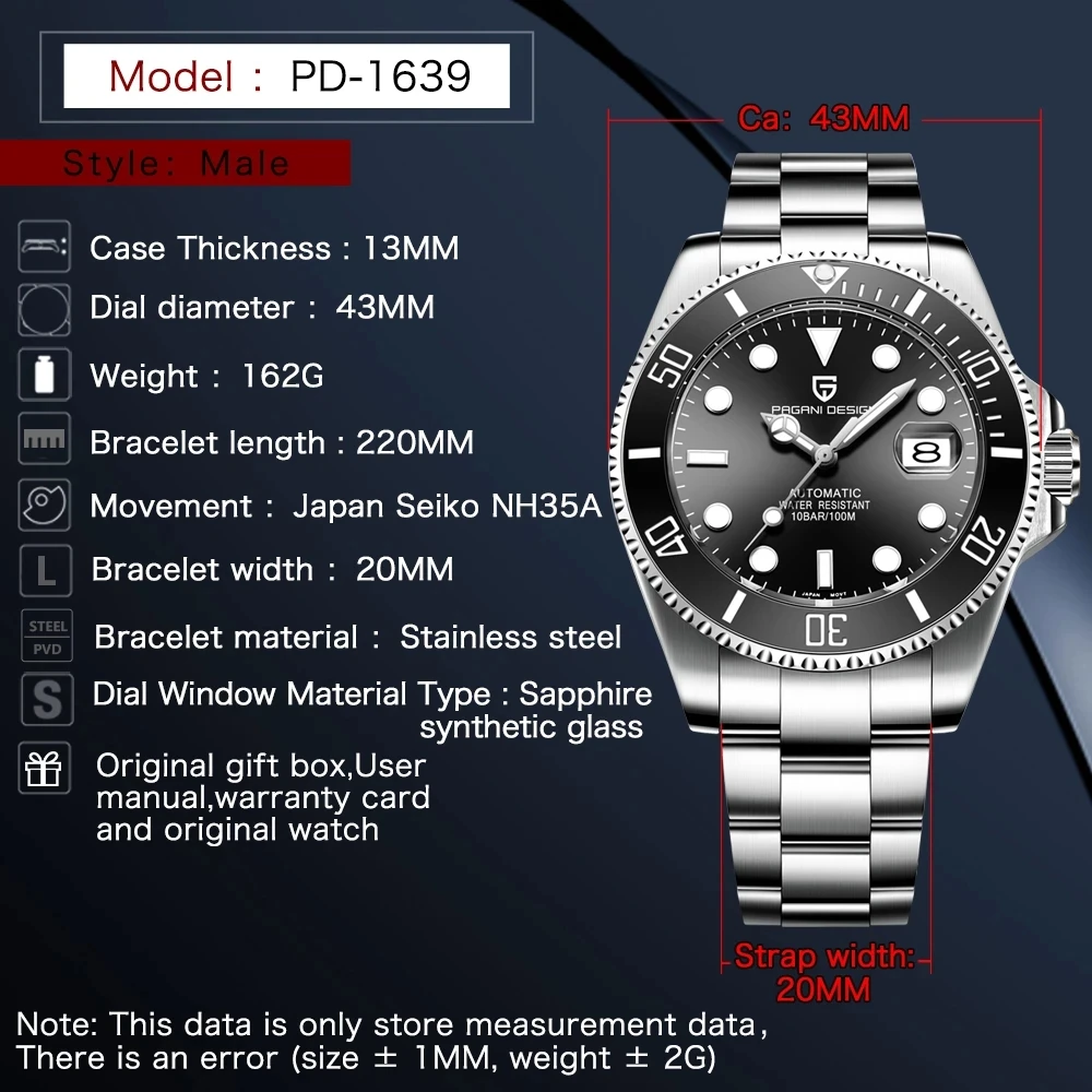 PAGANI DESIGN Brand Business Mechanical watch Ceramic Bezel 100M Waterproof Watch men Luxury Stainless Steel Automatic Men watch
PAGANI DESIGN Brand Business Mechanical watch Ceramic Bezel 100M Waterproof Watch men Luxury Stainless Steel Automatic Men watch