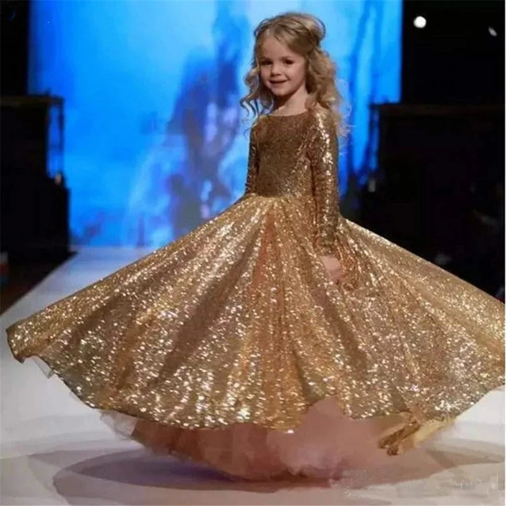 Flower Girl Dress Gold Sequined Kids Long Sleeve O-neck A-line Floor Length For Wedding Party Princess Dress
Flower Girl Dress Gold Sequined Kids Long Sleeve O-neck A-line Floor Length For Wedding Party Princess Dress