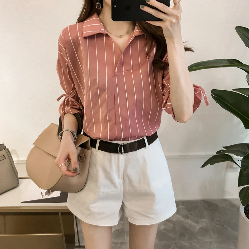 Summer Women's New Korean Style Lace-up Short-Sleeved Striped Shirt Women's Loose Casual Shirt BF Large Size Shirt
Summer Women's New Korean Style Lace-up Short-Sleeved Striped Shirt Women's Loose Casual Shirt BF Large Size Shirt
