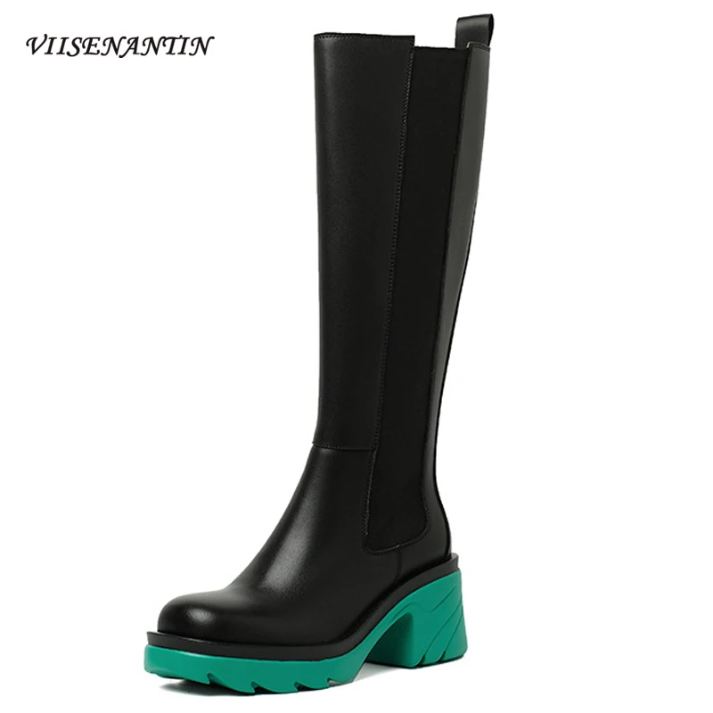 

Autumn New Color Thick-soled Boots Cowhide Elastic Mouth Round Toe Thick Heel High-heeled Smoke Tube Boots But Knee Knight Boots