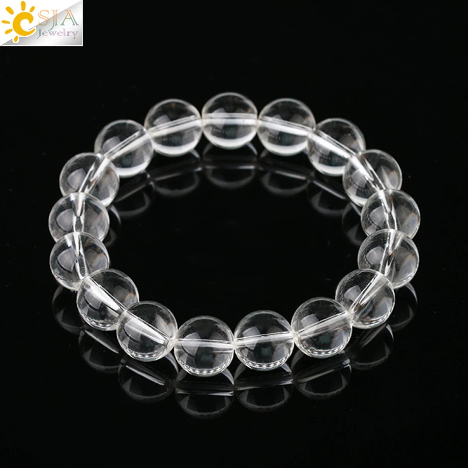

CSJA 12mm Natural Gem Stone Bracelet AAA+ White Clear Quartz Rock Crystal Beads Bracelets Bangle Real Stones Energy Healing G873