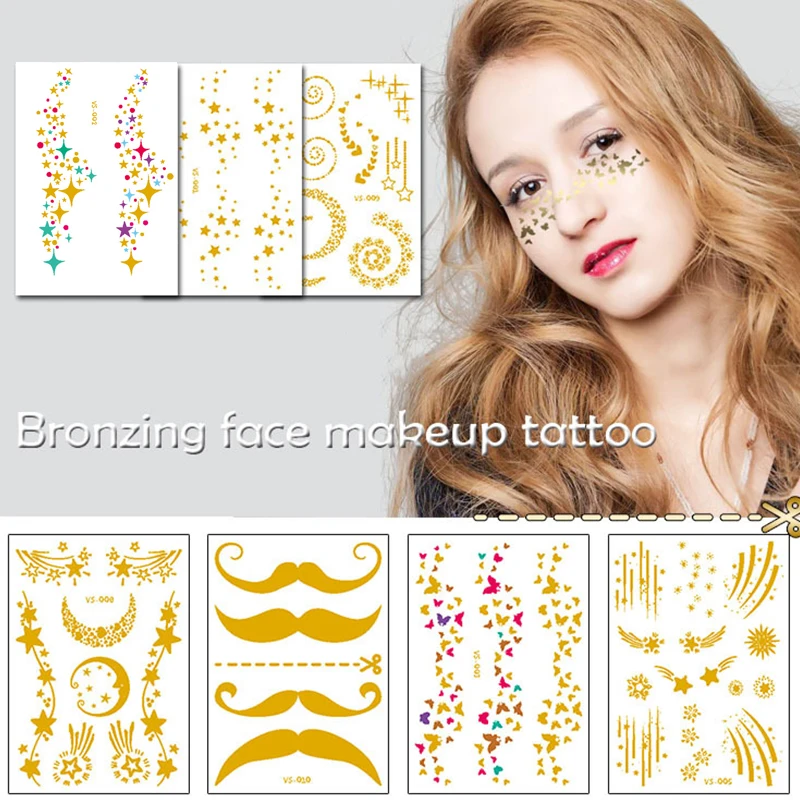 Popular Gilt Tattoo Stickers Face Makeup Shiny Sticker Temporary Body Disposable Tattoo Sticker Waterproof
Popular Gilt Tattoo Stickers Face Makeup Shiny Sticker Temporary Body Disposable Tattoo Sticker Waterproof