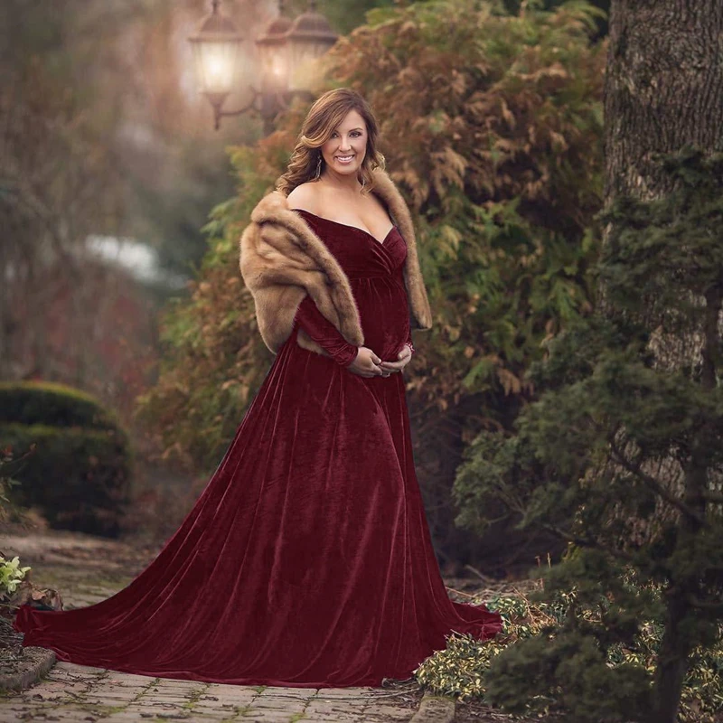 2020 Золотое бархатное платье для беременных Фотография реквизит осени и зимы