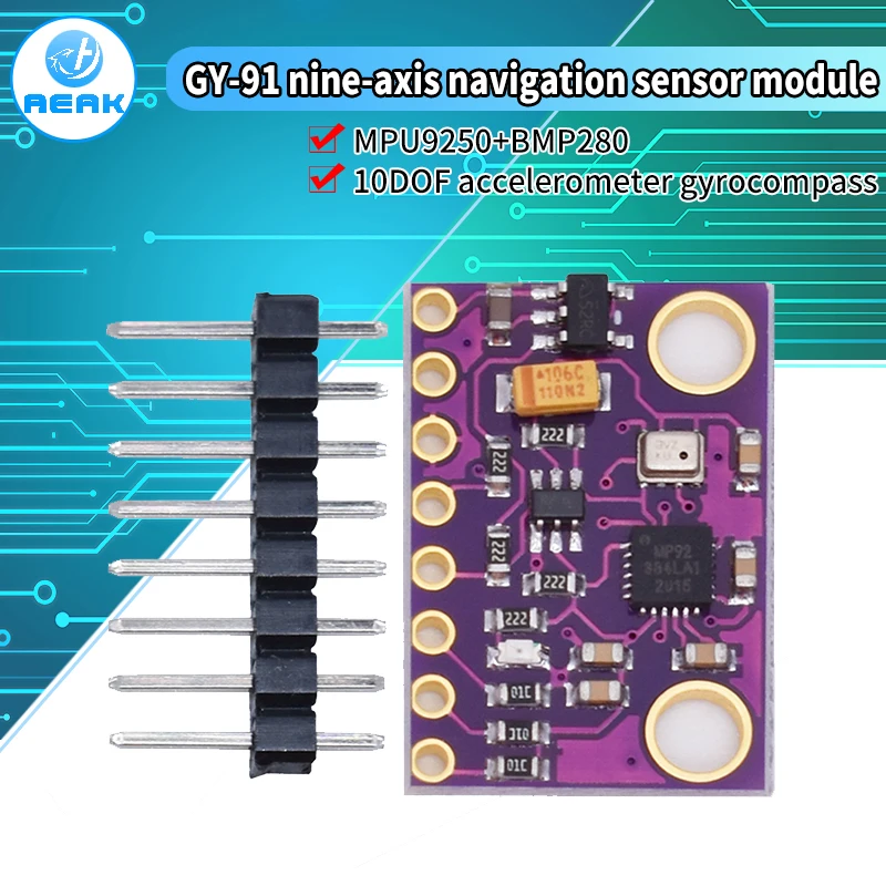 MPU9250 BMP280 GY-91 10DOF Acceleration Gyroscope Compass Altimeter Altitude Nine Shaft Sensor Module
MPU9250 BMP280 GY-91 10DOF Acceleration Gyroscope Compass Altimeter Altitude Nine Shaft Sensor Module