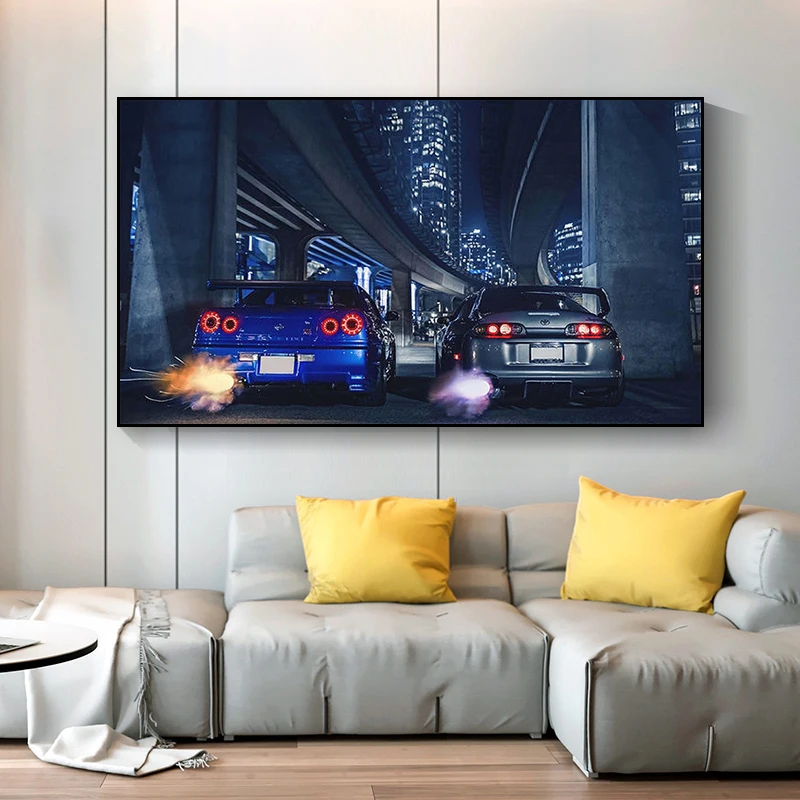 Automotive Art Wall Frame GTR R34 VS Modern Oil Painting Poster and Print on Vehicles Living Room Bedroom Home Decor Bezel-less | Дом и сад