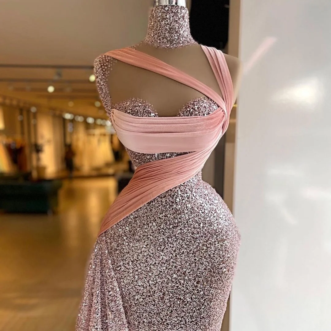 Sparkle Pink Mermaid Evening Dresses with Over Skirt Sequin Pleat Prom Gowns High Collar Ladies Sexy vestido de novia
Sparkle Pink Mermaid Evening Dresses with Over Skirt Sequin Pleat Prom Gowns High Collar Ladies Sexy vestido de novia