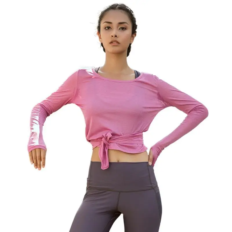 Летняя женская футболка для йоги открытая спортивная одежда топы с длинным