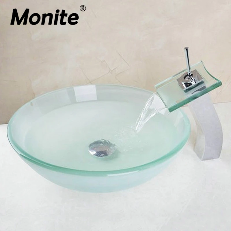 

Monite Tall Waterfall Basin Tap Bathroom Sink Washbasin Glass Hand-Painted Lavatory Bath Combine Brass Set Faucet Mixer Tap