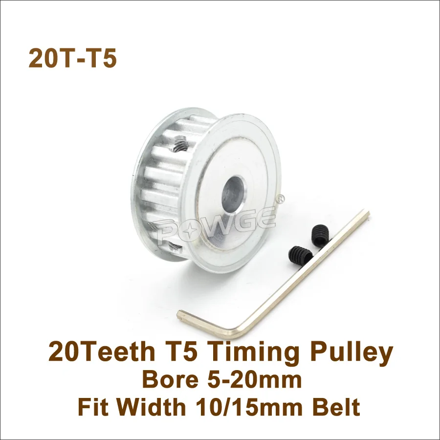 

POWGE 20 Teeth T5 Timing Pulley Bore 5-20mm Fit W=10/15mm T5 Synchronous Belt 20T 20Teeth T5 Timing Belt Pulley 20-T5