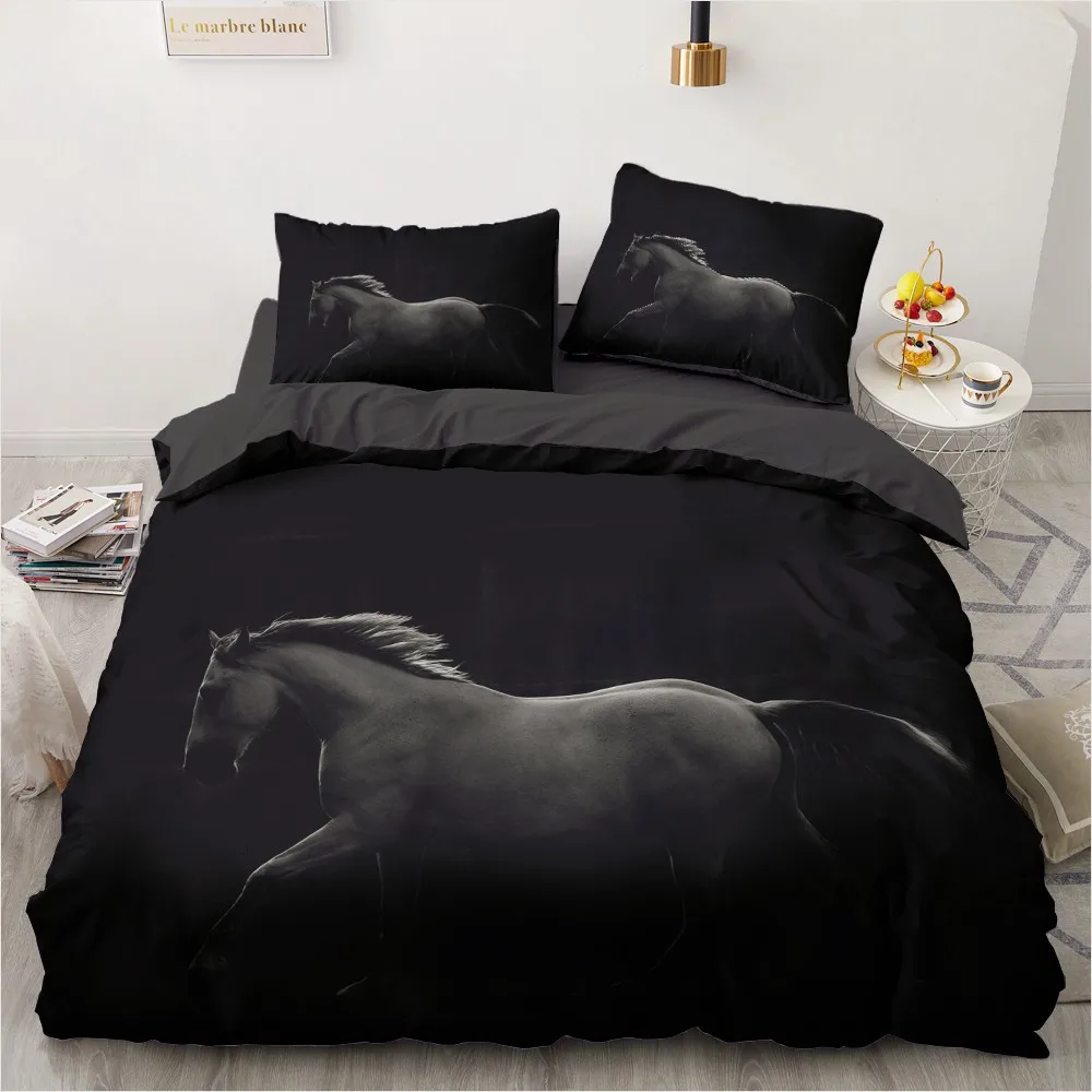 

3D Custom Design Horse Quilt Cover Sets Animal Comforther Cases Pillow Cases Full King Queen Single Twin Size Black Bedding Set