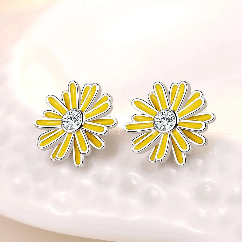 

925 Sterling Silver Crystal Daisy Flower Stud Earrings For Women Girls Jewelry Pendientes 2021 тренды eh662