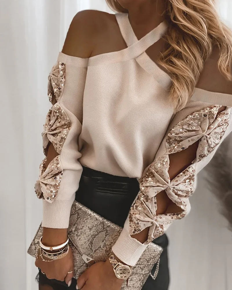 Imcute Women Halter Shirts Off Shoulder Sequined Hollow Out Tops Bowknot Long Sleeve Loose Knitted Patchwork Pullovers Blouses
Imcute Women Halter Shirts Off Shoulder Sequined Hollow Out Tops Bowknot Long Sleeve Loose Knitted Patchwork Pullovers Blouses