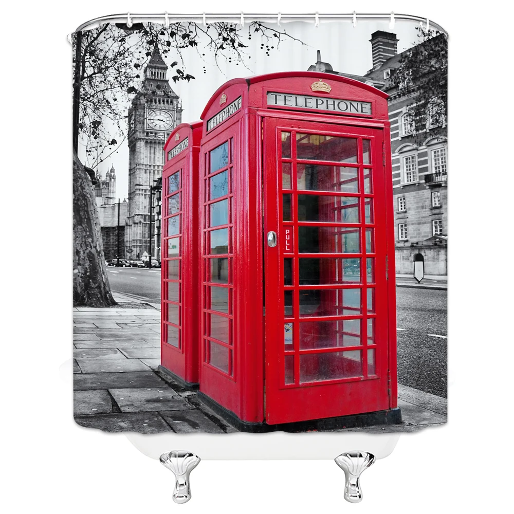 

Retro London Telephone Booth Bathroom Shower Curtain Big Ben Red Scenery Waterproof Polyester Fabric for Art Bathtub Home Decor