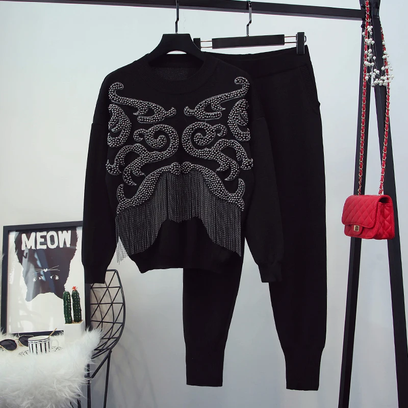 European American Knitted Suit Heavy Industry Women 2 Piece Set Top And Pants Tassel Tracksuit For Women Knitwear Sweater Bead
European American Knitted Suit Heavy Industry Women 2 Piece Set Top And Pants Tassel Tracksuit For Women Knitwear Sweater Bead