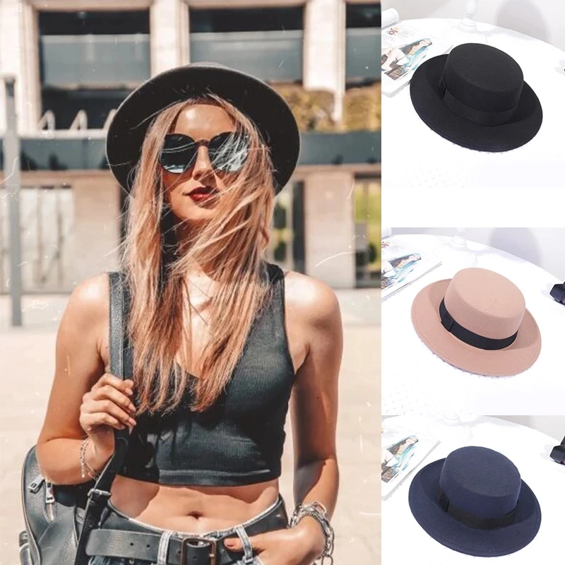 

Free Shipping Classic British Black Dome Felt Hat Women's Fedora Hat Retro Church Hat Flat Top Wide Brim Panama Jazz Hat