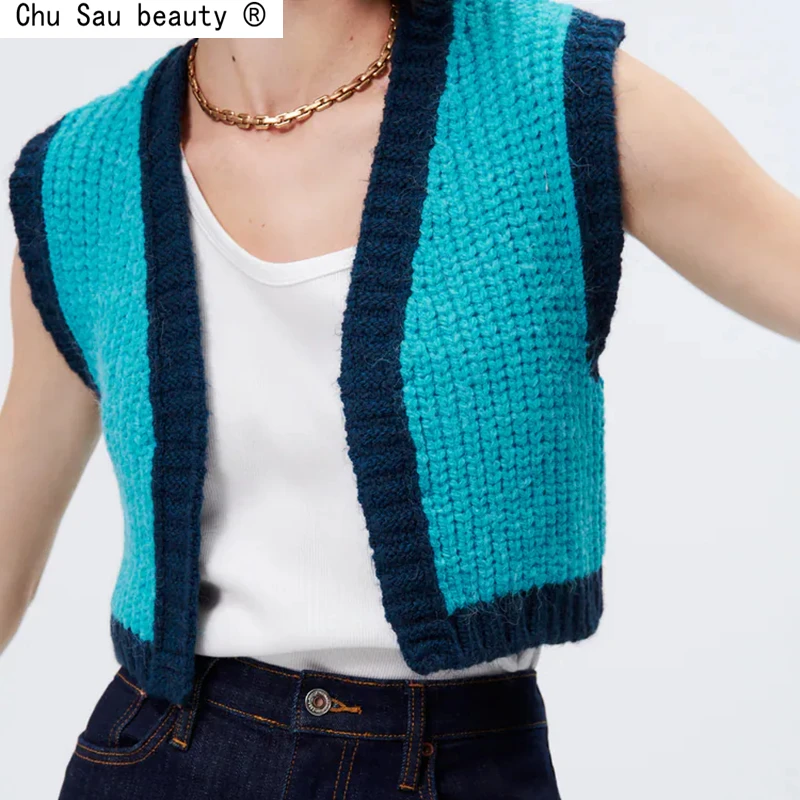 Autumn 2021 New Fashion Casual All-Match V-Neck Open Stitch Slim Contrast Color Short Sleeveless Knitted Cardigan Sweater Women
Autumn 2021 New Fashion Casual All-Match V-Neck Open Stitch Slim Contrast Color Short Sleeveless Knitted Cardigan Sweater Women