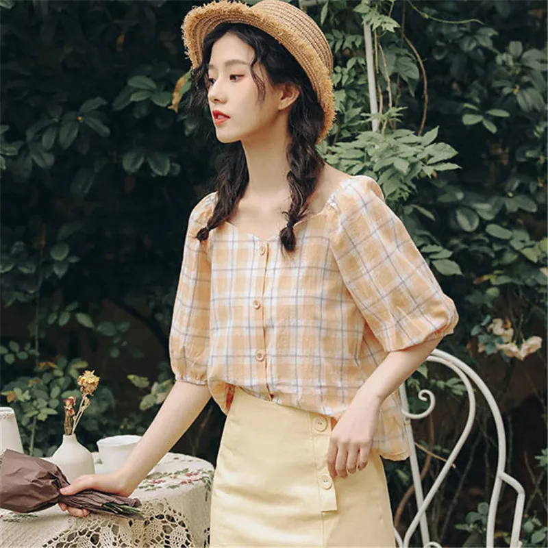 2021 Summer Women Puff Sleeve Shirt Korean Fashion Blouses Retro Tunics Plaid Blouse Women's Elegant Tops LX066
2021 Summer Women Puff Sleeve Shirt Korean Fashion Blouses Retro Tunics Plaid Blouse Women's Elegant Tops LX066